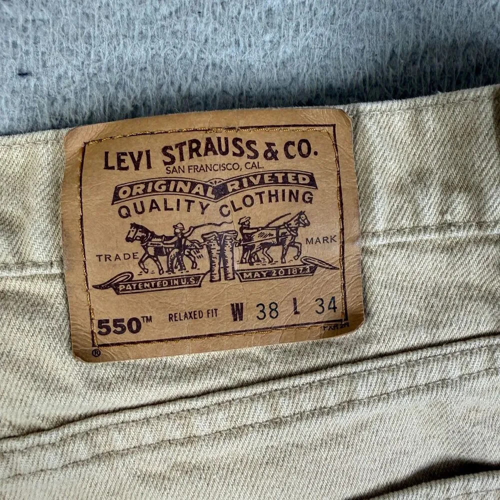 VINTAGE LEVI'S 550 Jeans Mens 38x34 Beige Orange Tab Made USA Pants Streetwear